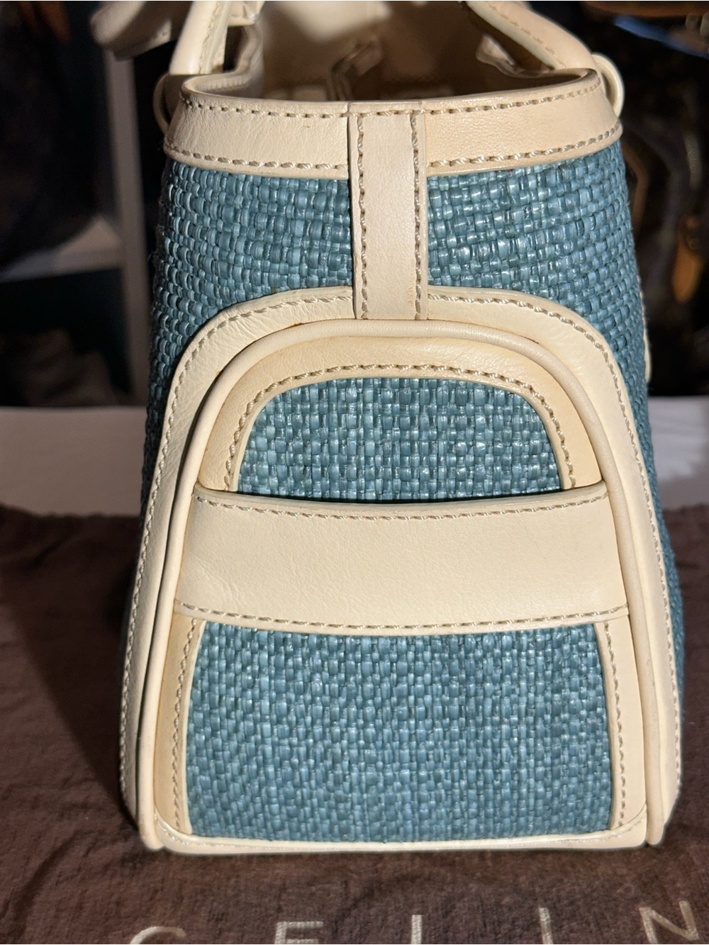Celine Light Blue Woven Tote with Cream Leather Trim - Picture 6 of 12